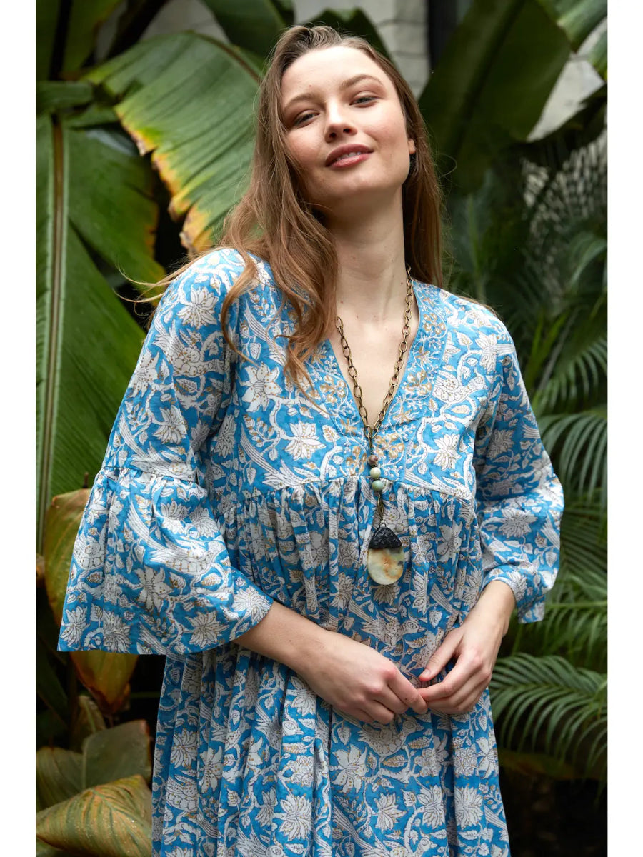 Bhavani Block Print Dress- Blue/ GoldThe Fox and The MermaidDress