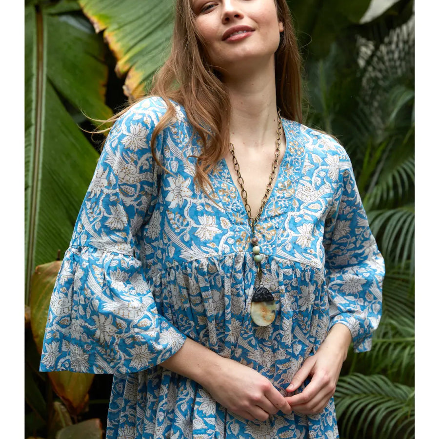 Bhavani Block Print Dress- Blue/ GoldThe Fox and The MermaidDress