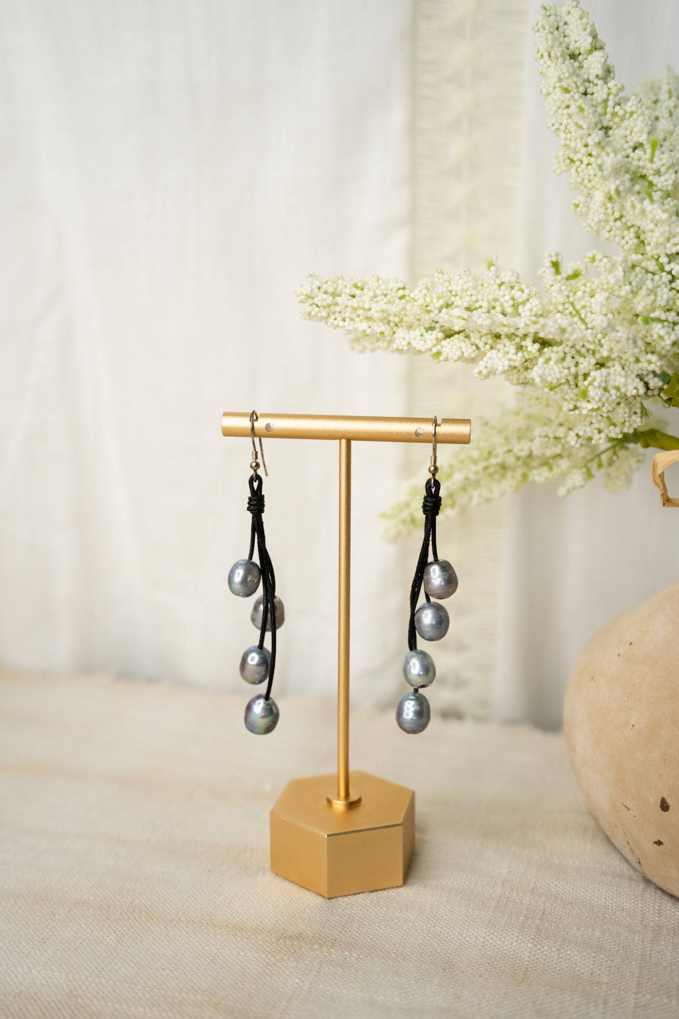 Black Leather Peacock Pearl EarringsJinjaEarrings