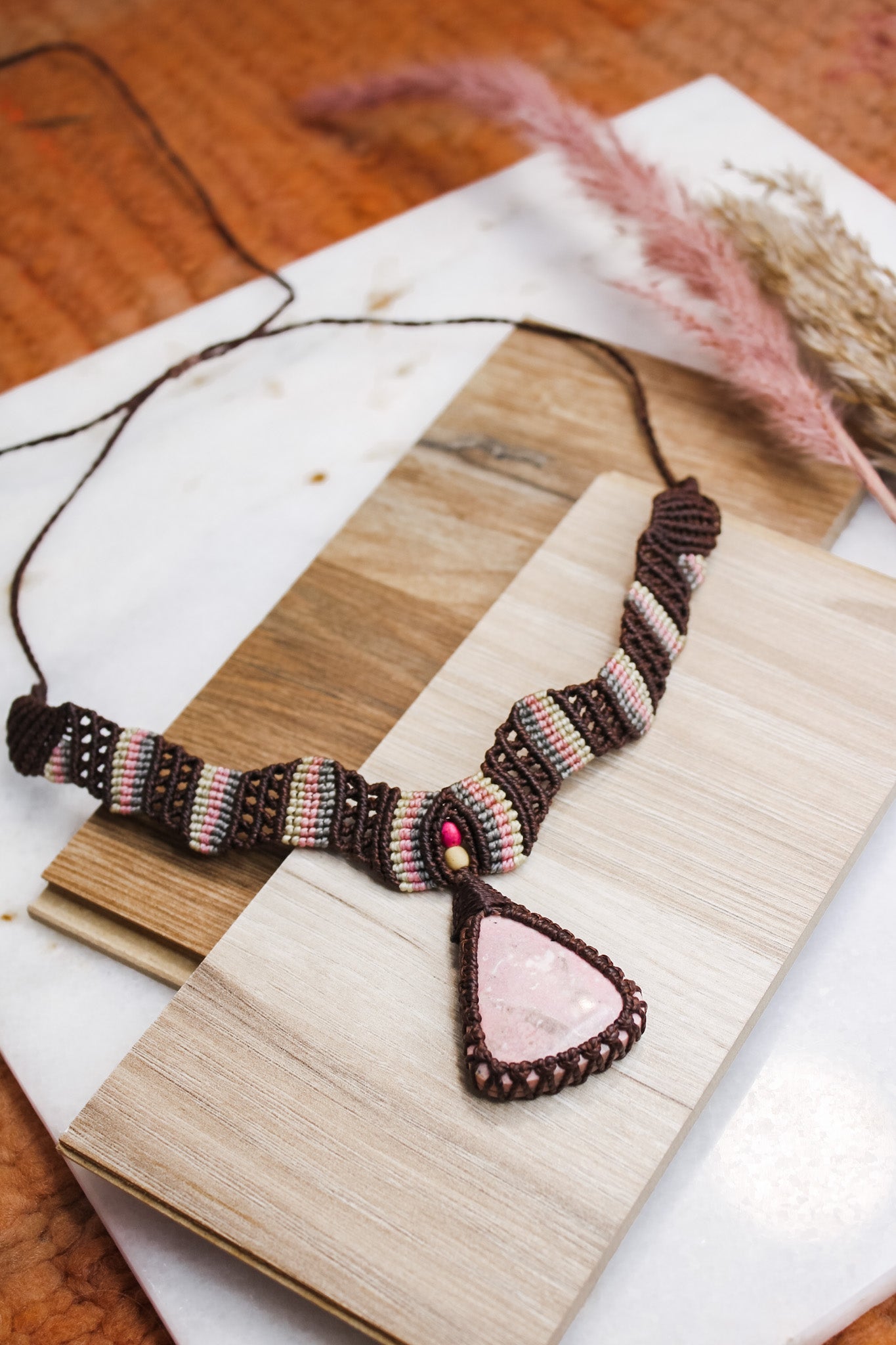 Brown Macrame Necklace with RhodocrositeAdaArtNecklace