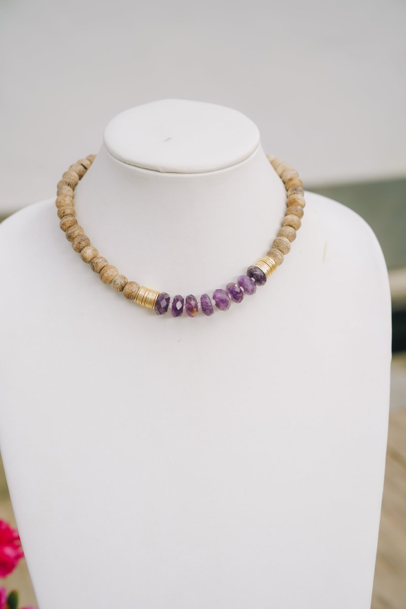 Coconut Wood Bead, Amethyst & Gold Accent NecklaceRobin JacksonNecklaces