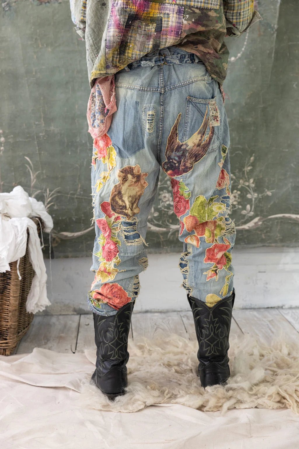 Floral Applique Miner Denim Pants 371 - Washed IndigoMagnolia PearlPants