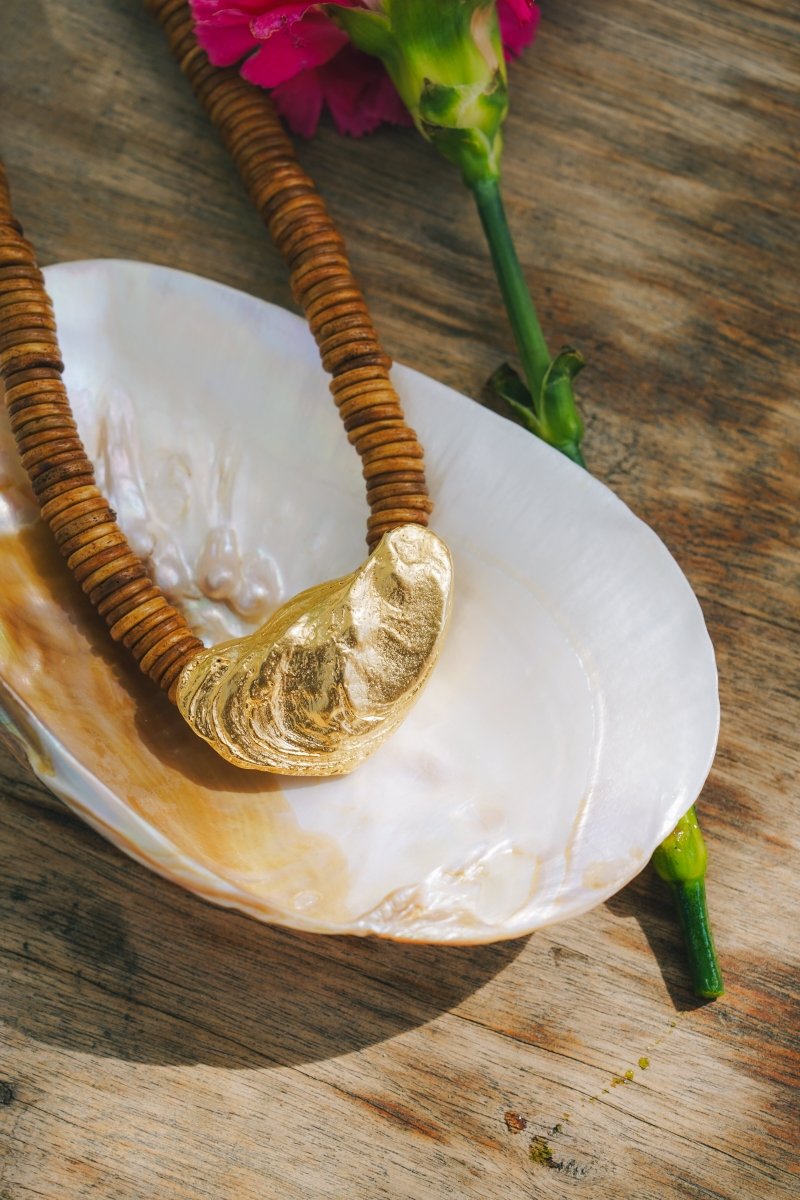 Gold Oyster, Brown Coconut Bead Choker NecklaceRobin JacksonNecklaces