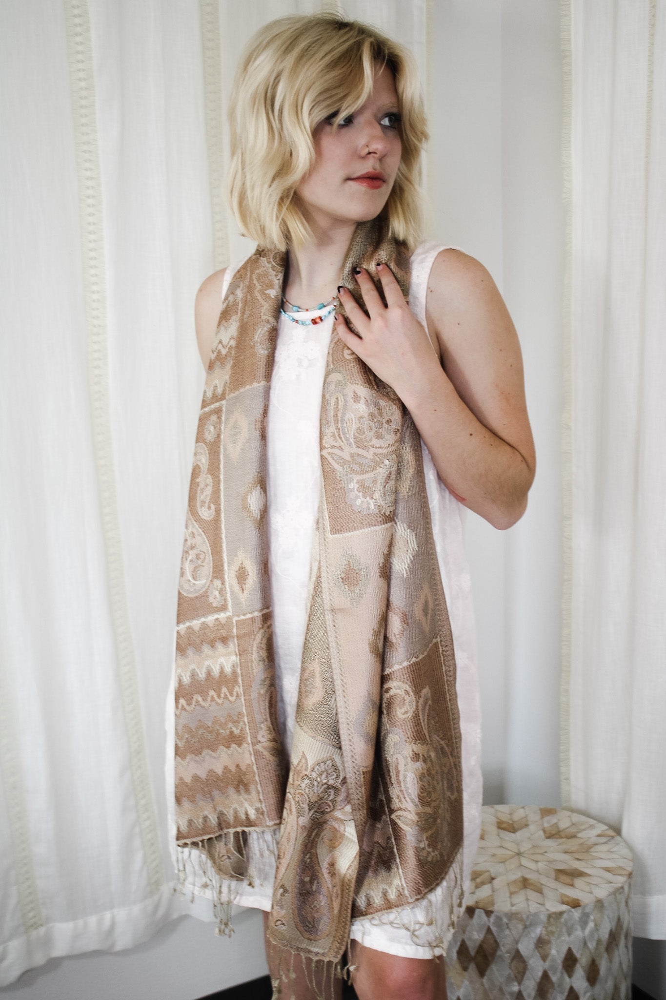 Intricate Beige Woven Silk ScarfRare FindsScarf