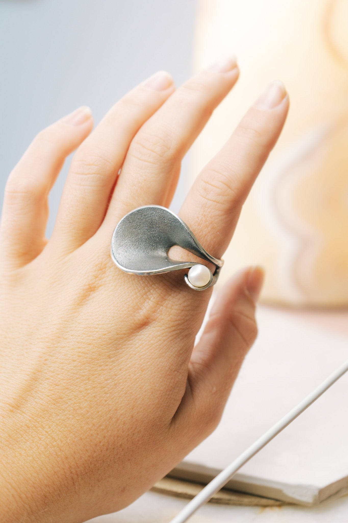 Large Oxidized Silver & Pearl RingBORARings