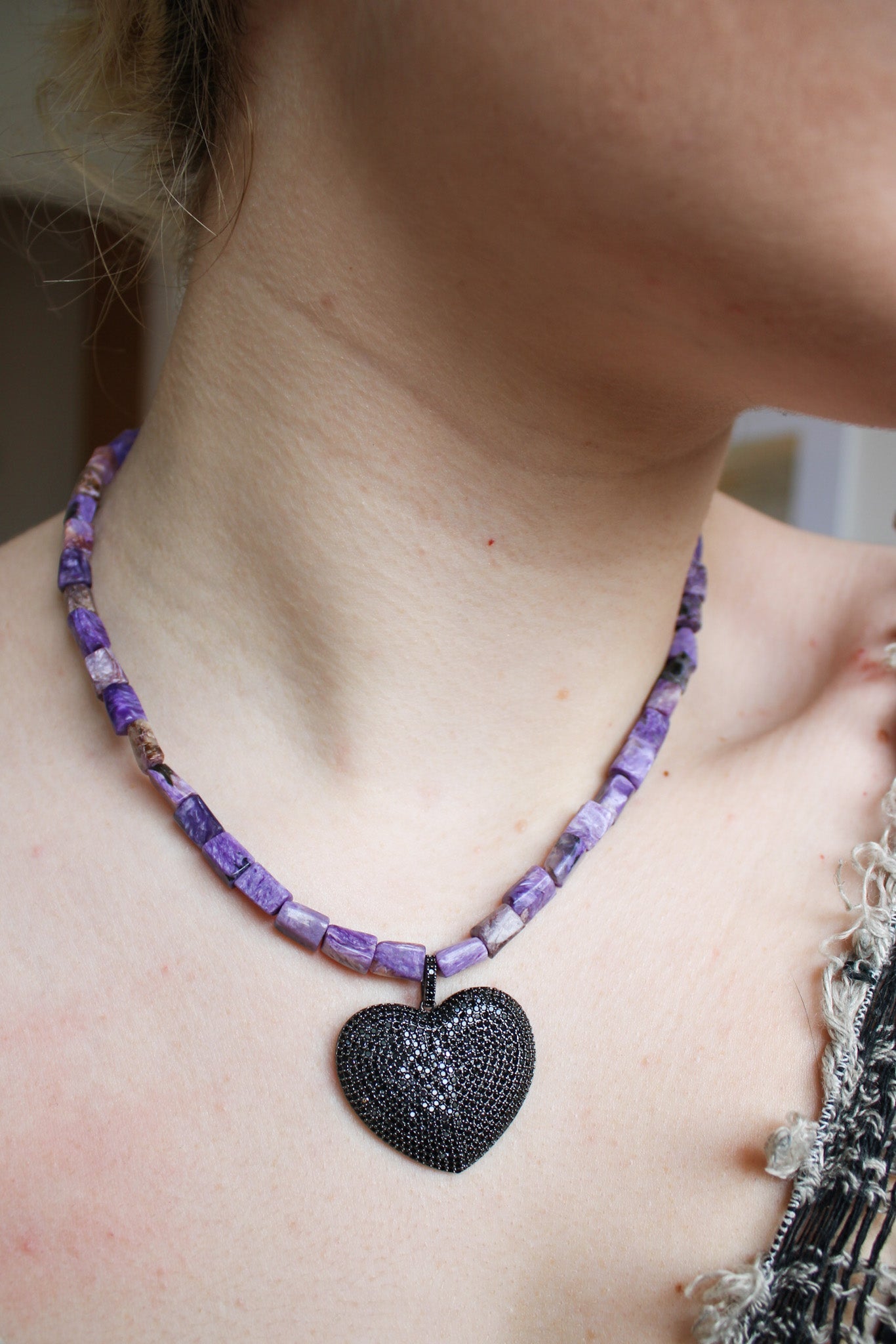 Lepidolite Necklace w Black Pave Crystal HeartRobin JacksonNecklace