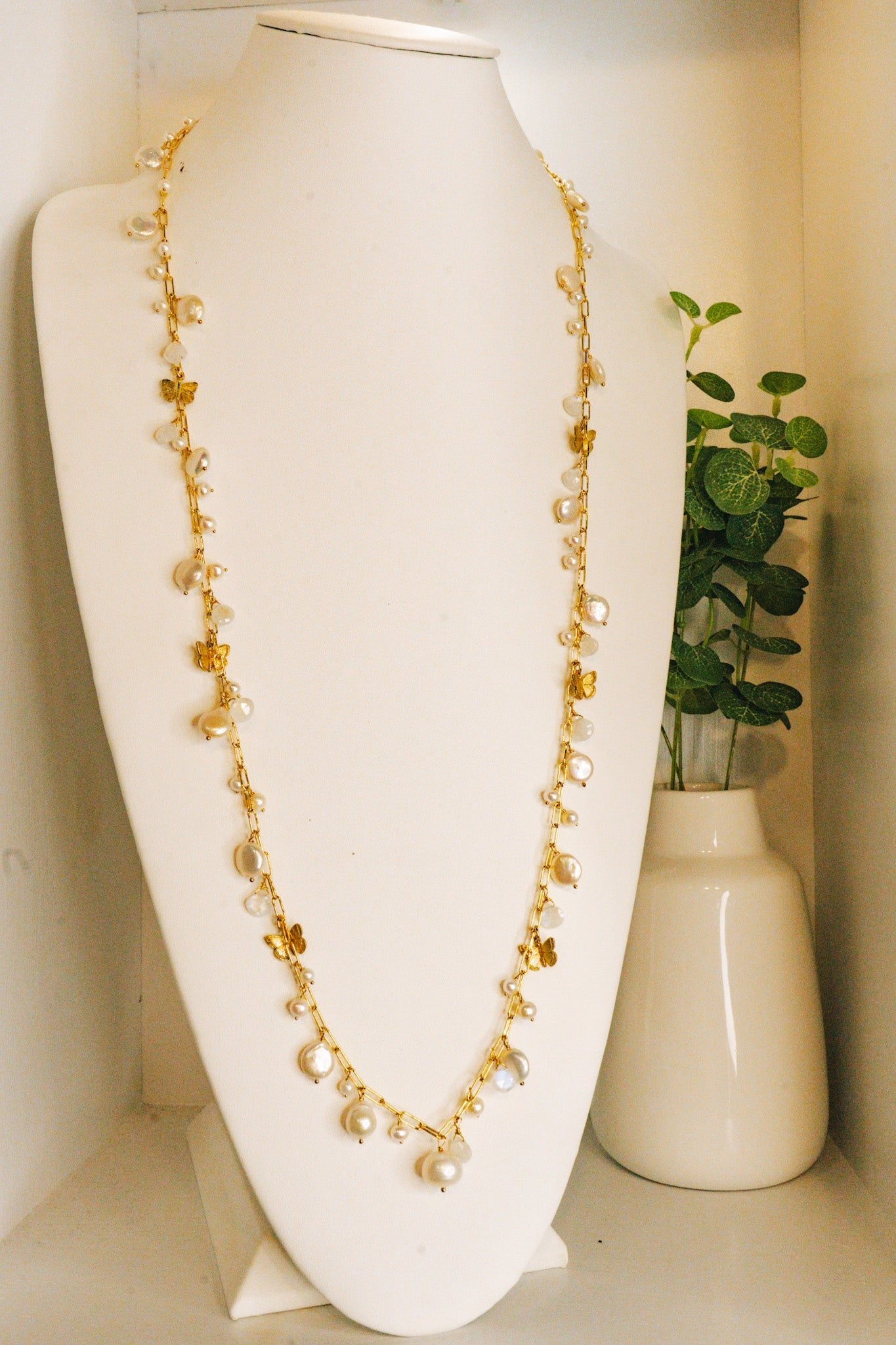 Long Coin Freshwater Pearl, Moonstone, & Butterfly CharmsBeth ZinkNecklace