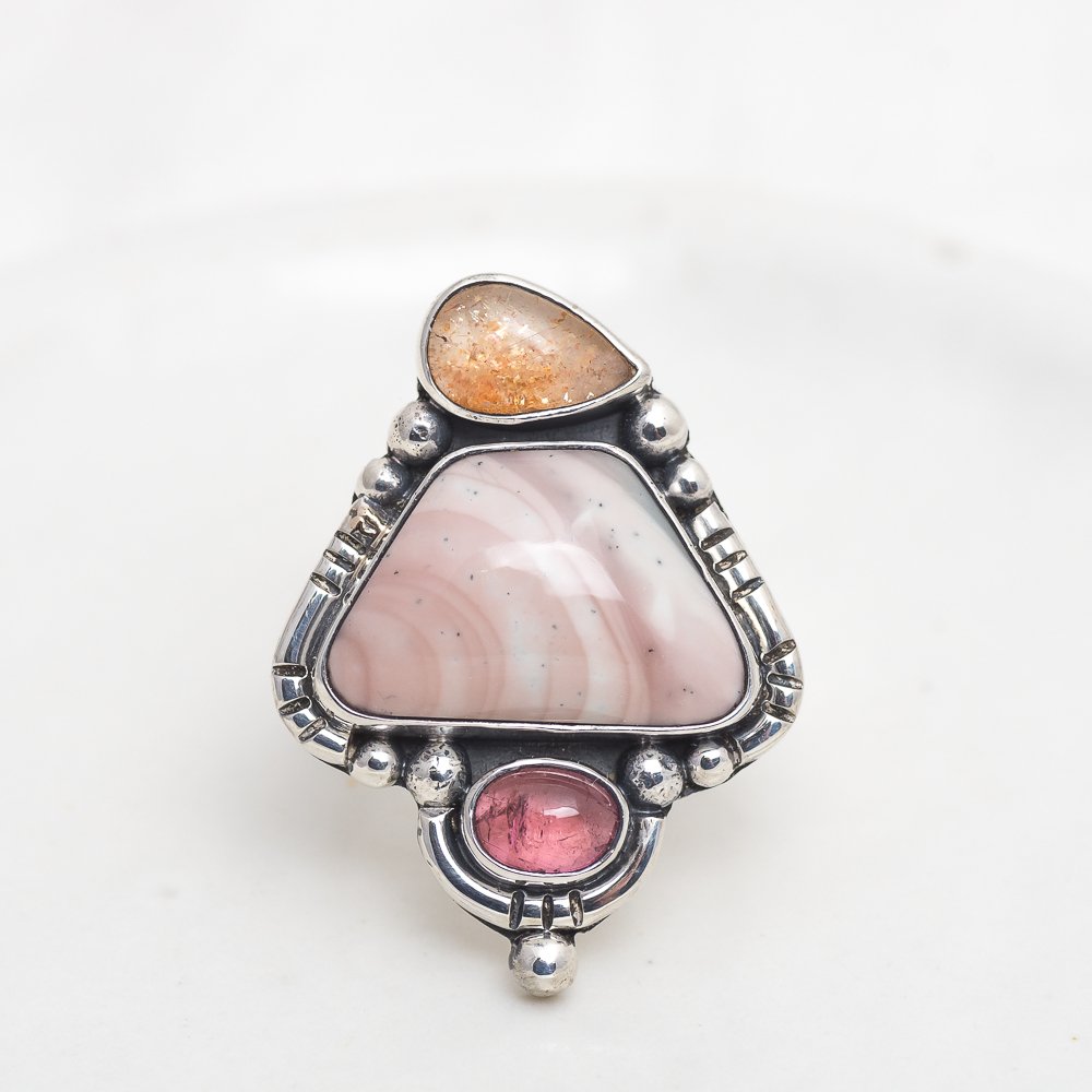 Mirage Ring: Oregon Sunstone, Willow Creek Jasper & Pink Tourmaline Size 7.5Mahka JewelryRings