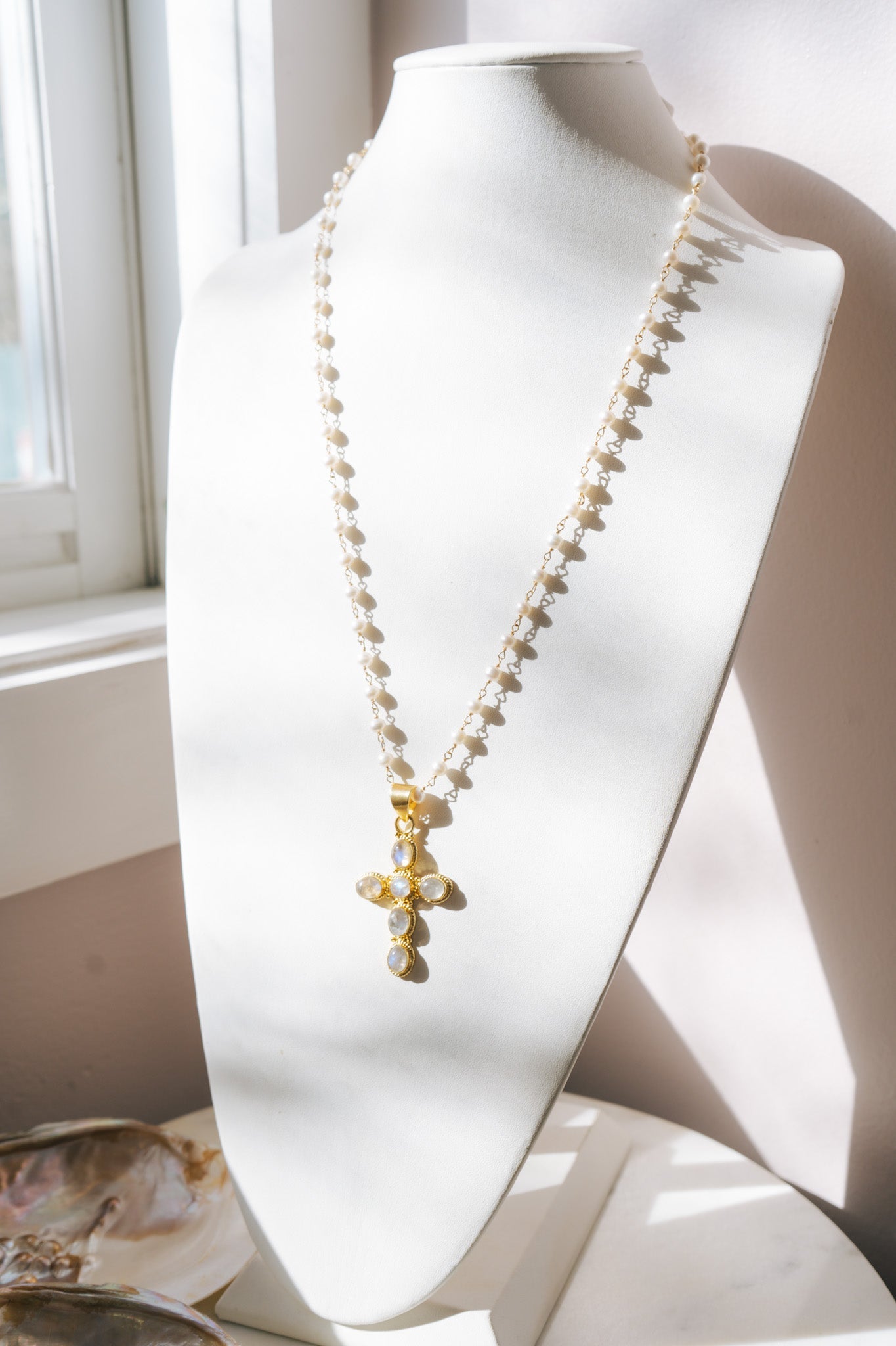 Moonstone Cross, Pearls, Pave Diamond Clasp Long NecklaceBeth ZinkNecklaces