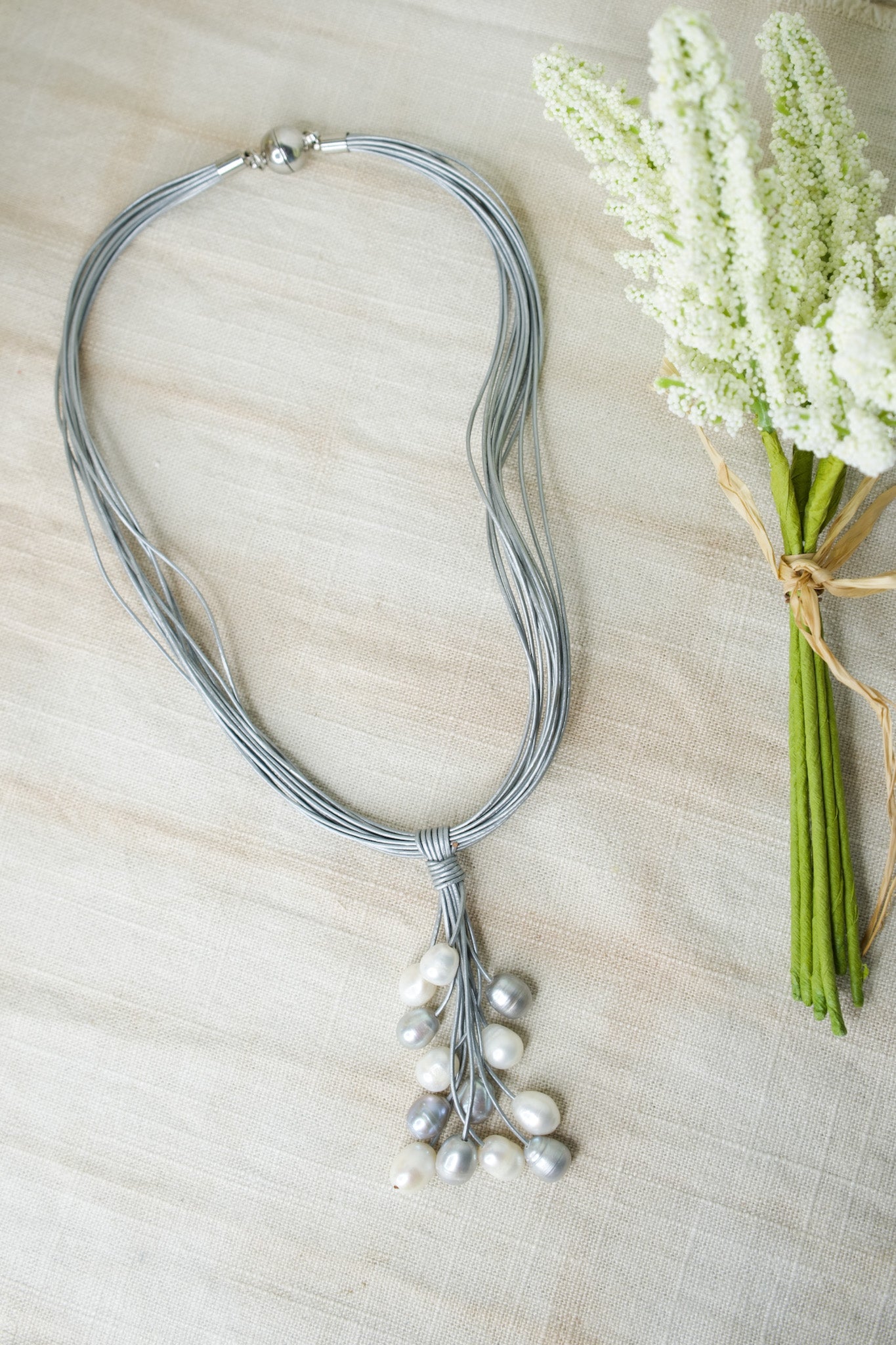 Pearl Leather Necklace - Taupe/Silver/PinkJinjaNecklace