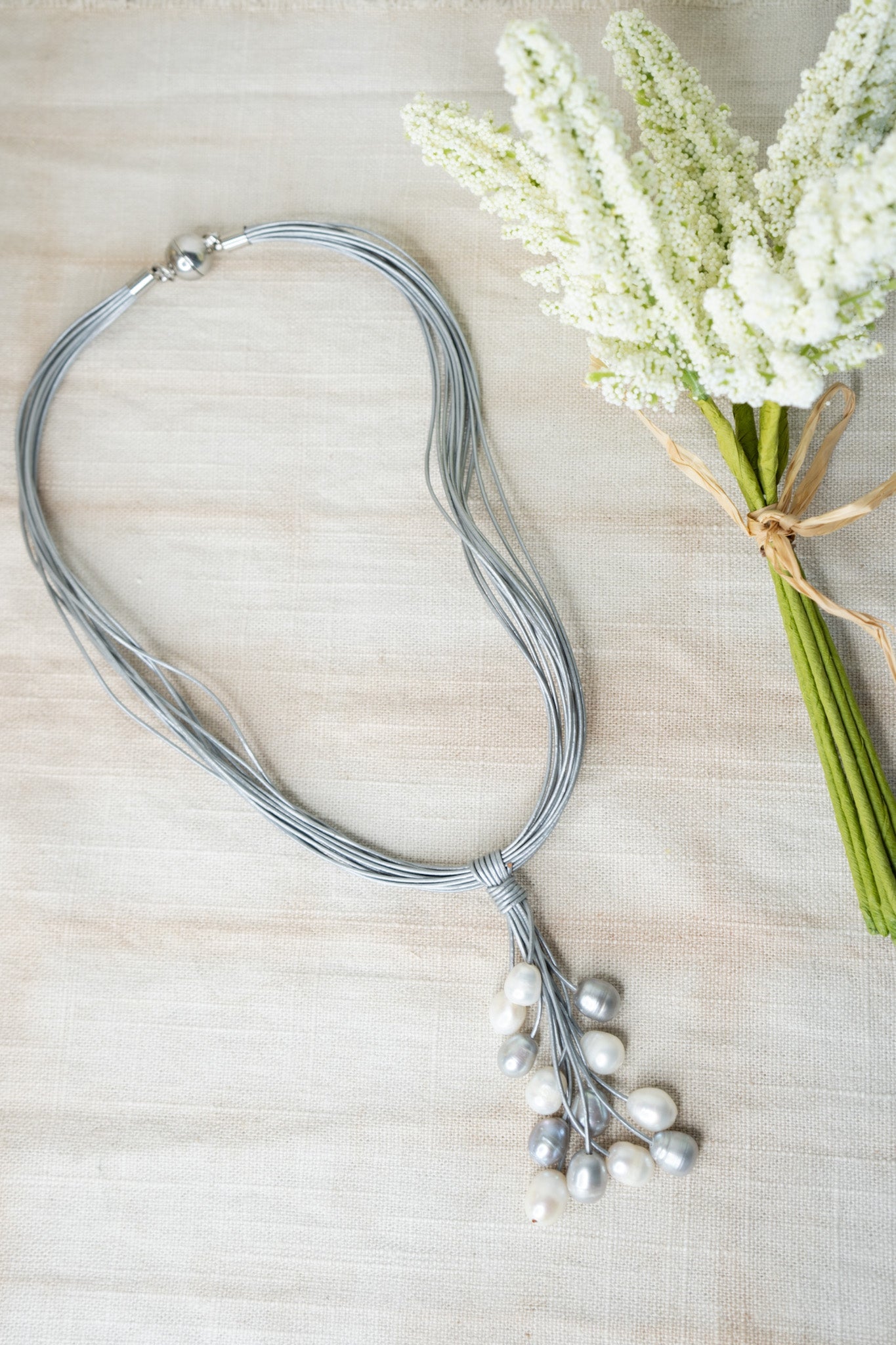 Pearl Leather Necklace - Taupe/Silver/PinkJinjaNecklace