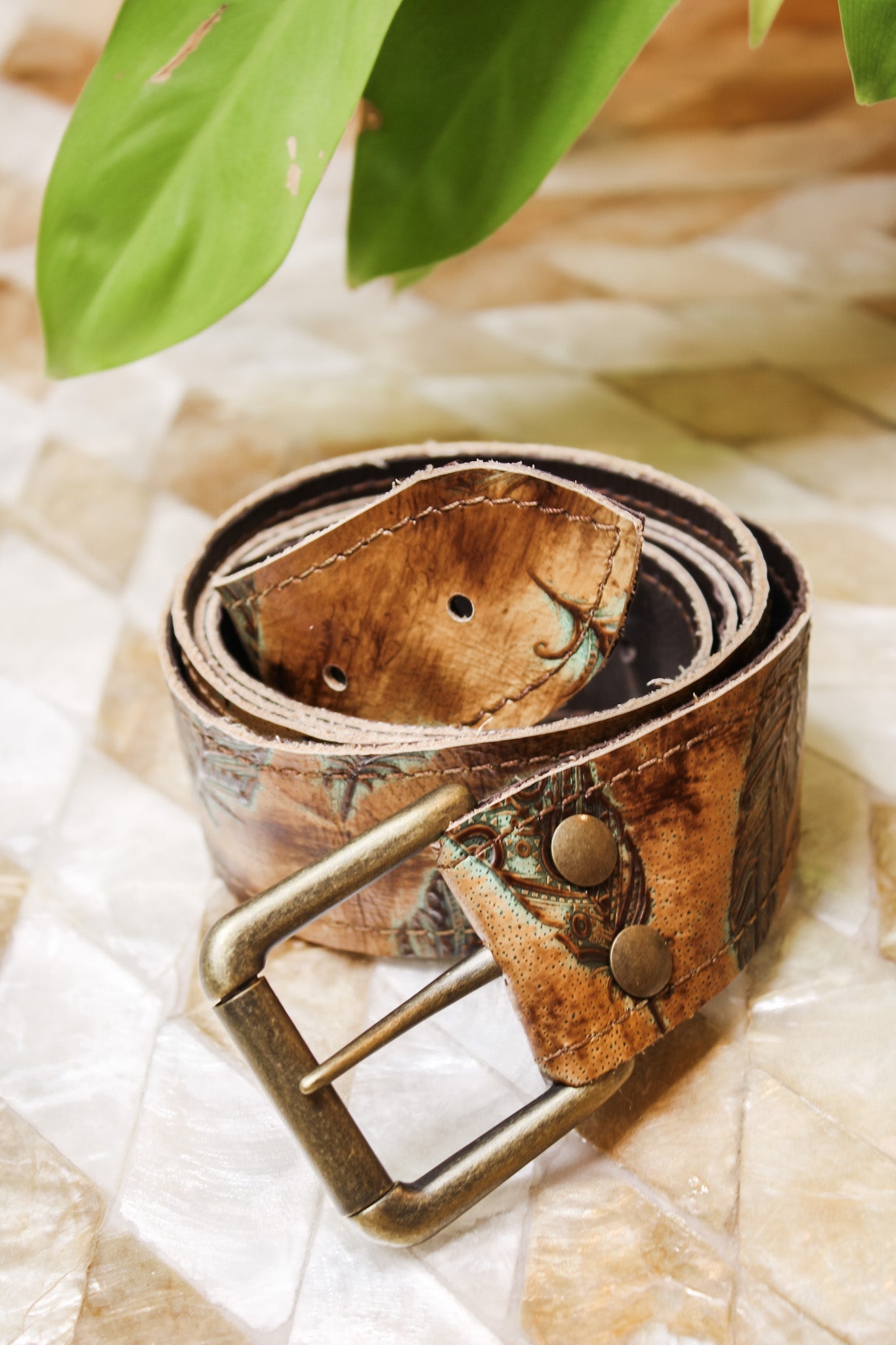 Plumas Sepia Turquoise Embossed Leather BeltRare FindsBelt