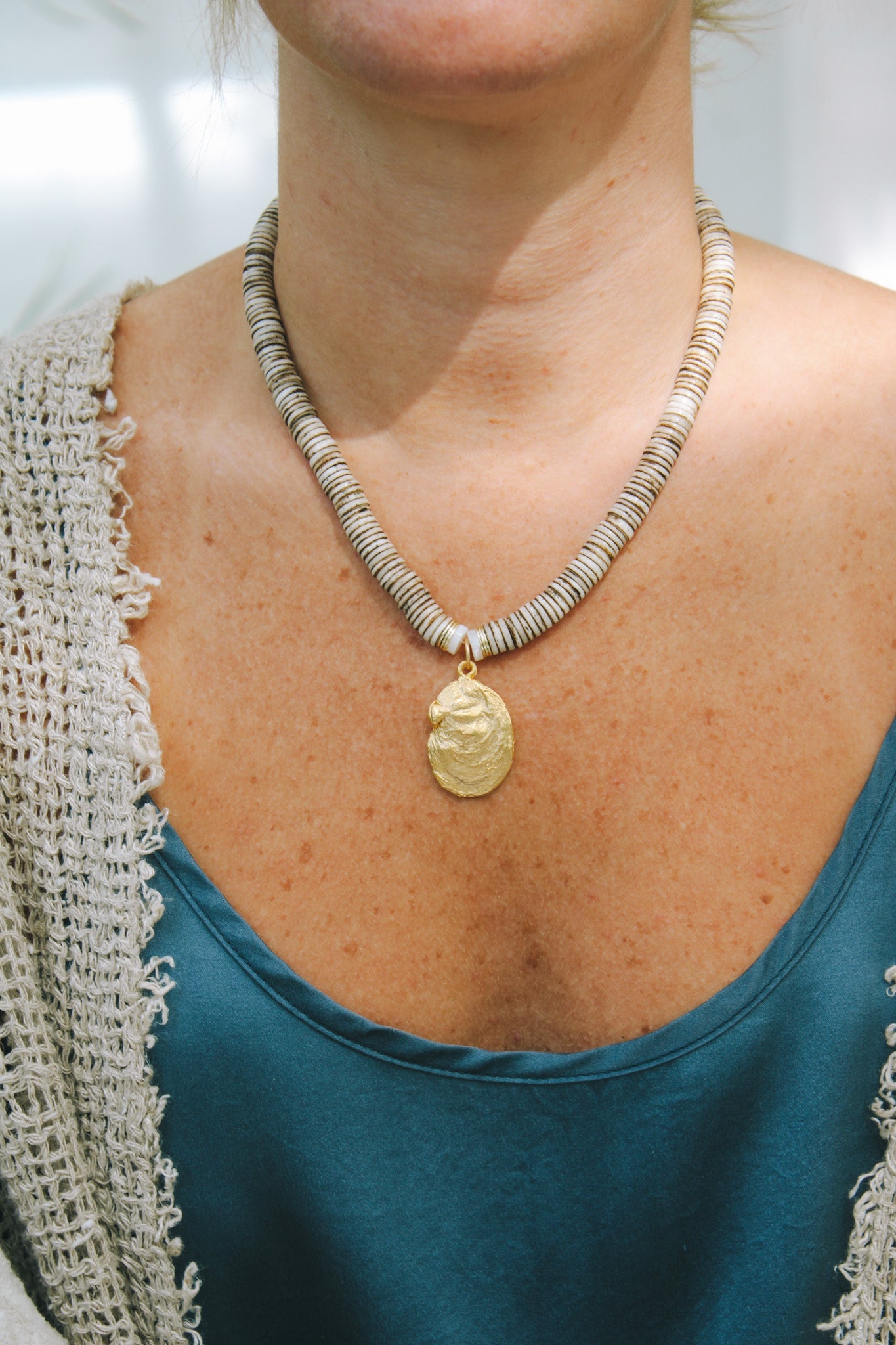 Rustic Nepal Beads w Pearl & Oyster Medallion NecklaceRobin JacksonNecklace