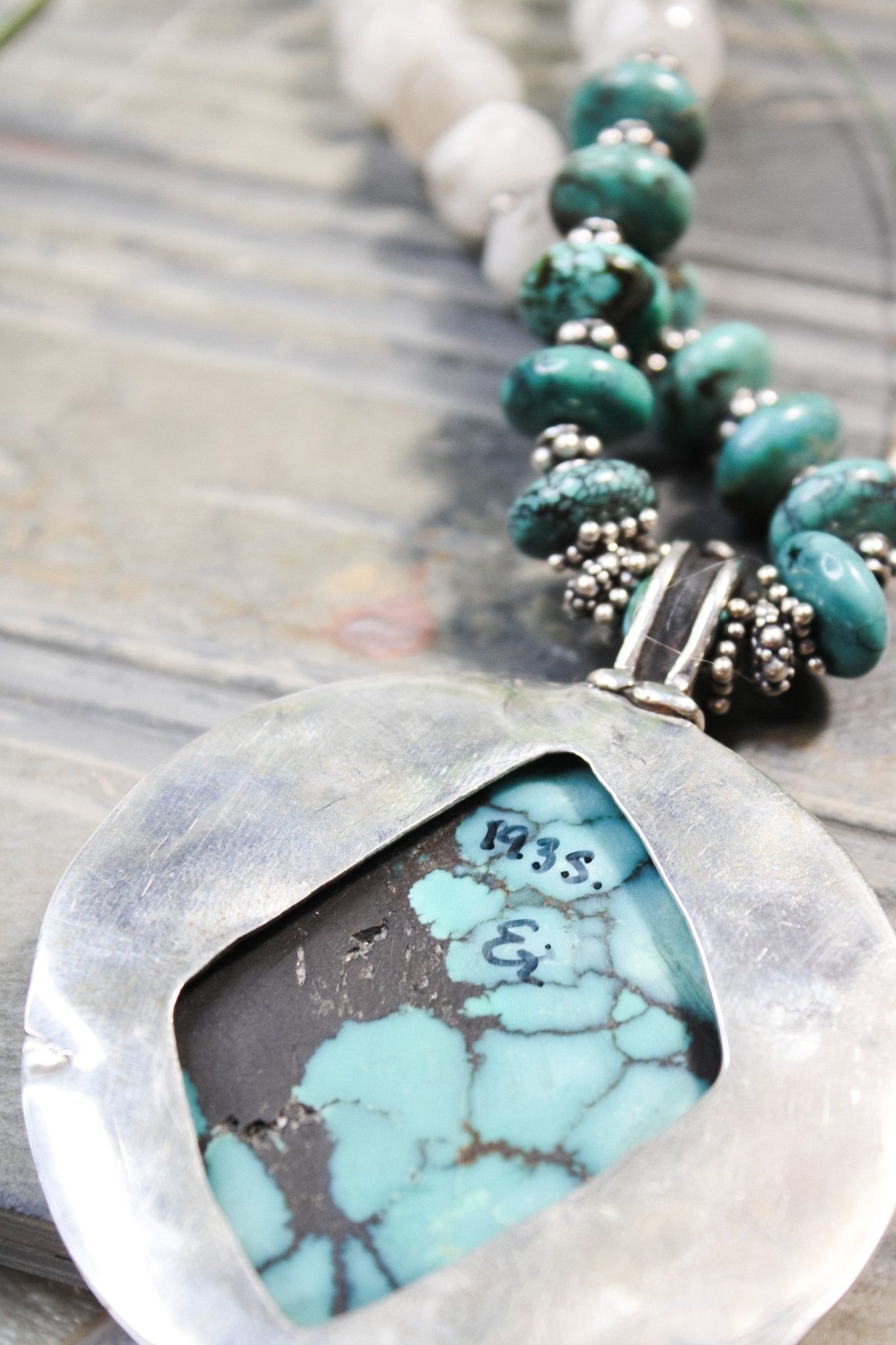 Silver, Turquoise, and Moonstone Necklace #1935FosilartNecklace