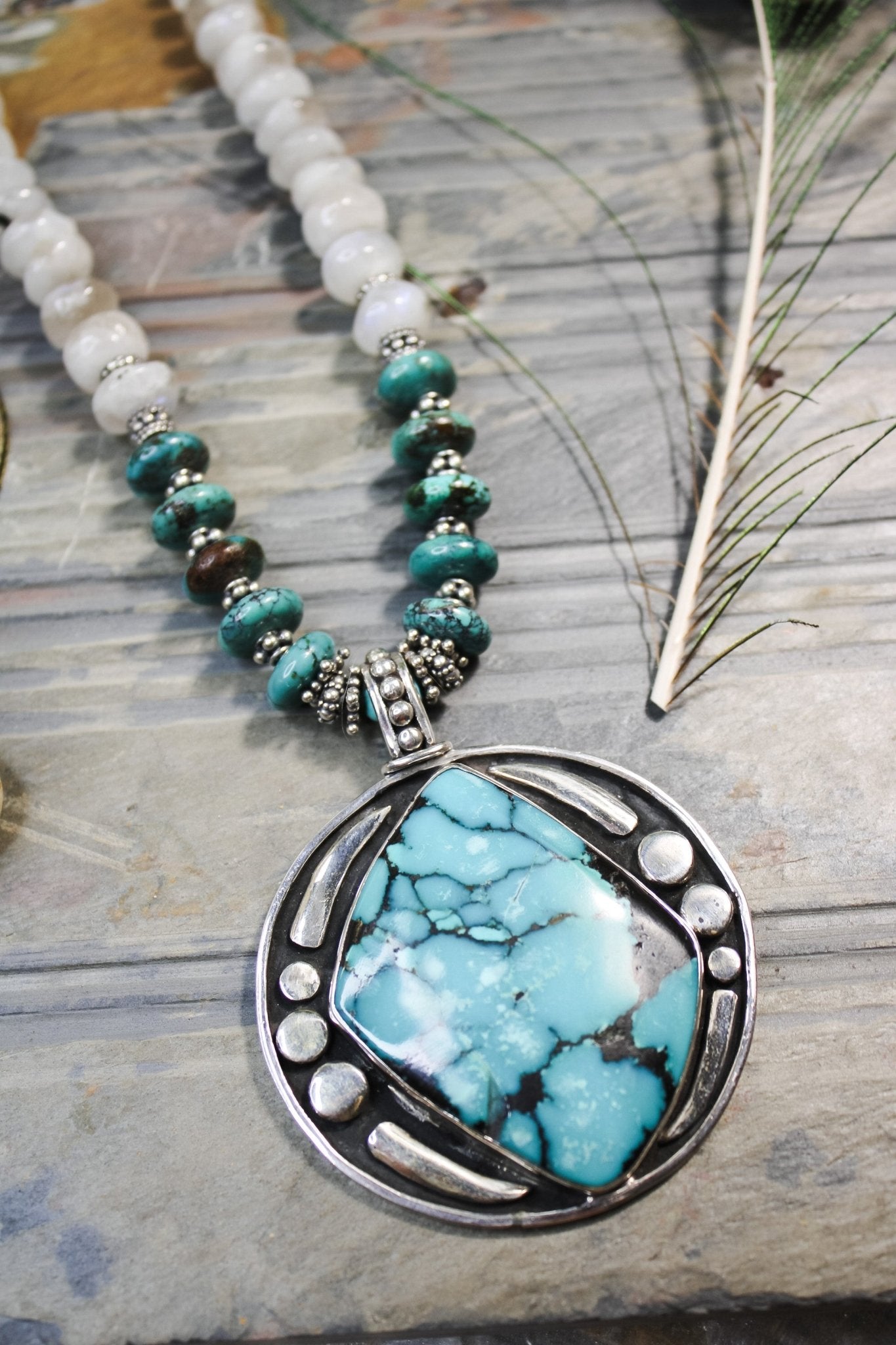 Silver, Turquoise, and Moonstone Necklace #1935FosilartNecklace