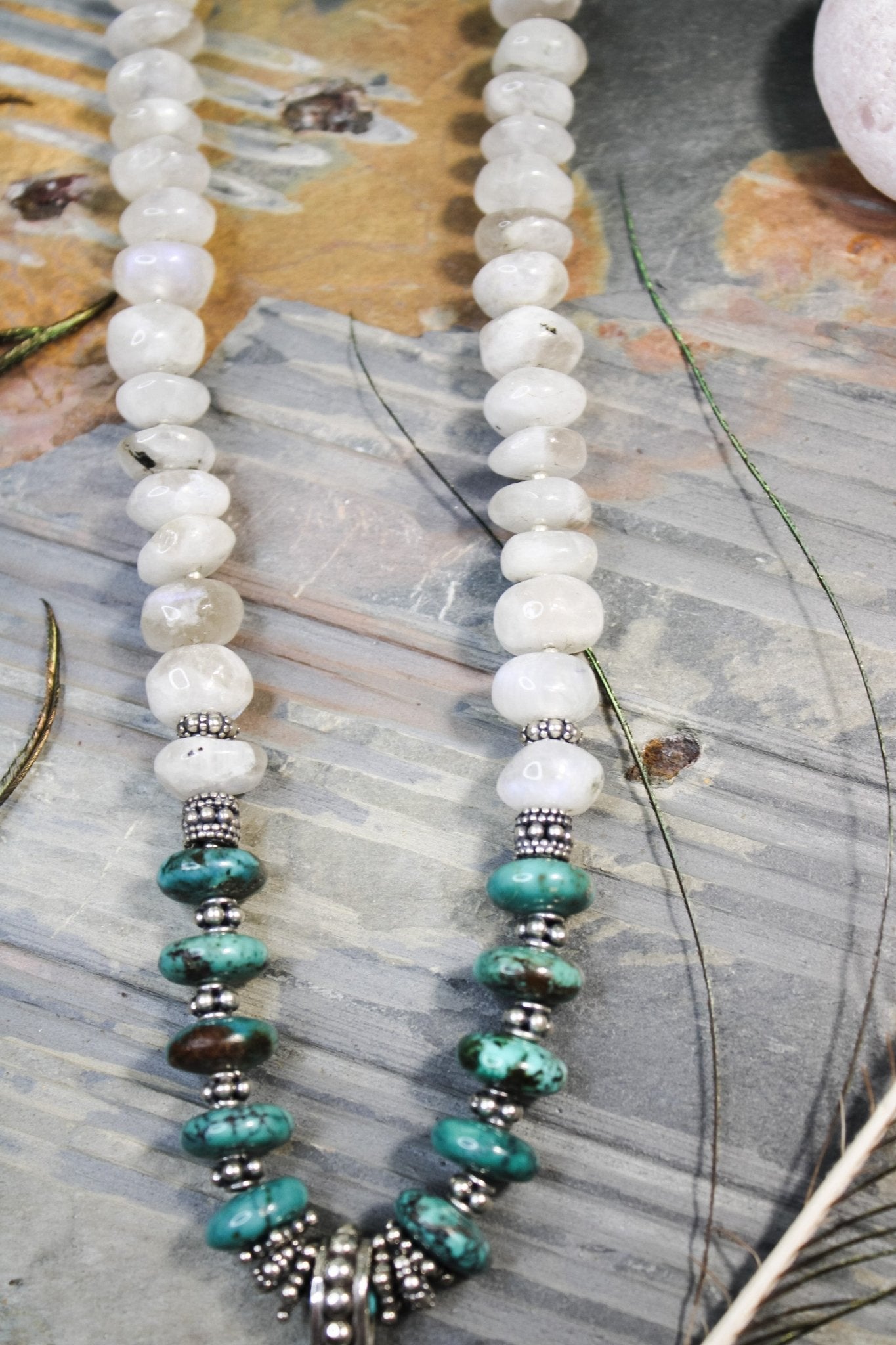 Silver, Turquoise, and Moonstone Necklace #1935FosilartNecklace