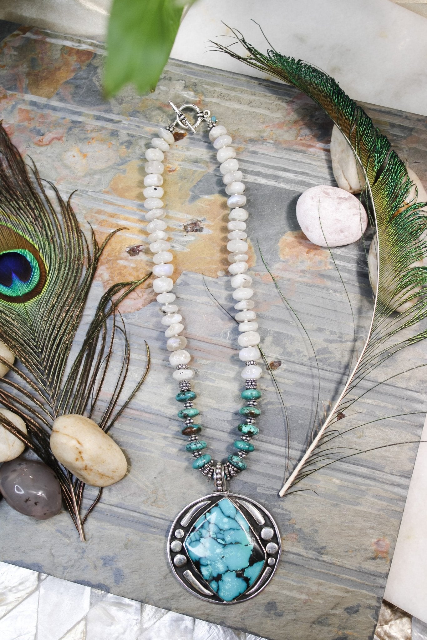 Silver, Turquoise, and Moonstone Necklace #1935FosilartNecklace
