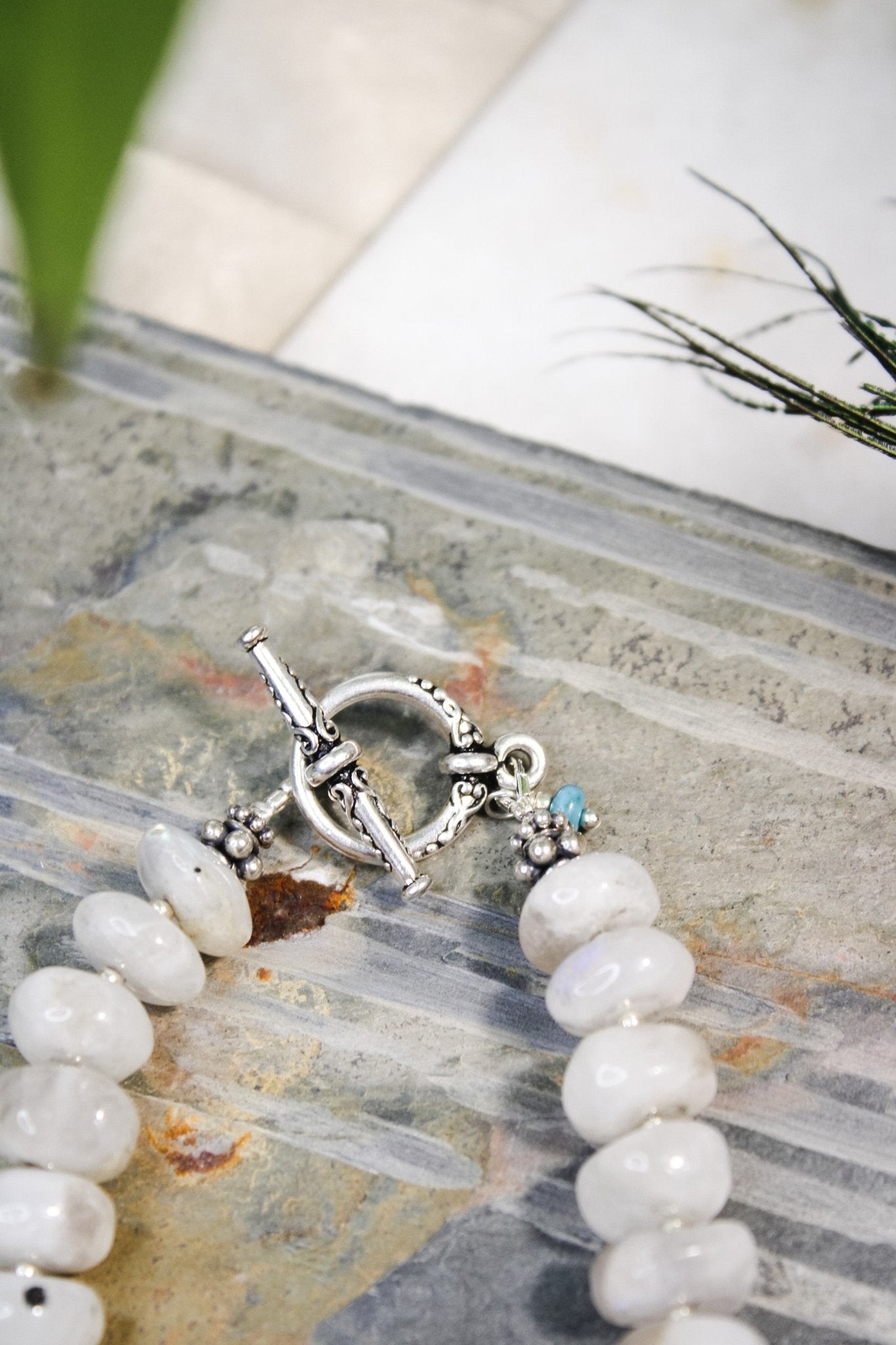 Silver, Turquoise, and Moonstone Necklace #1935FosilartNecklace