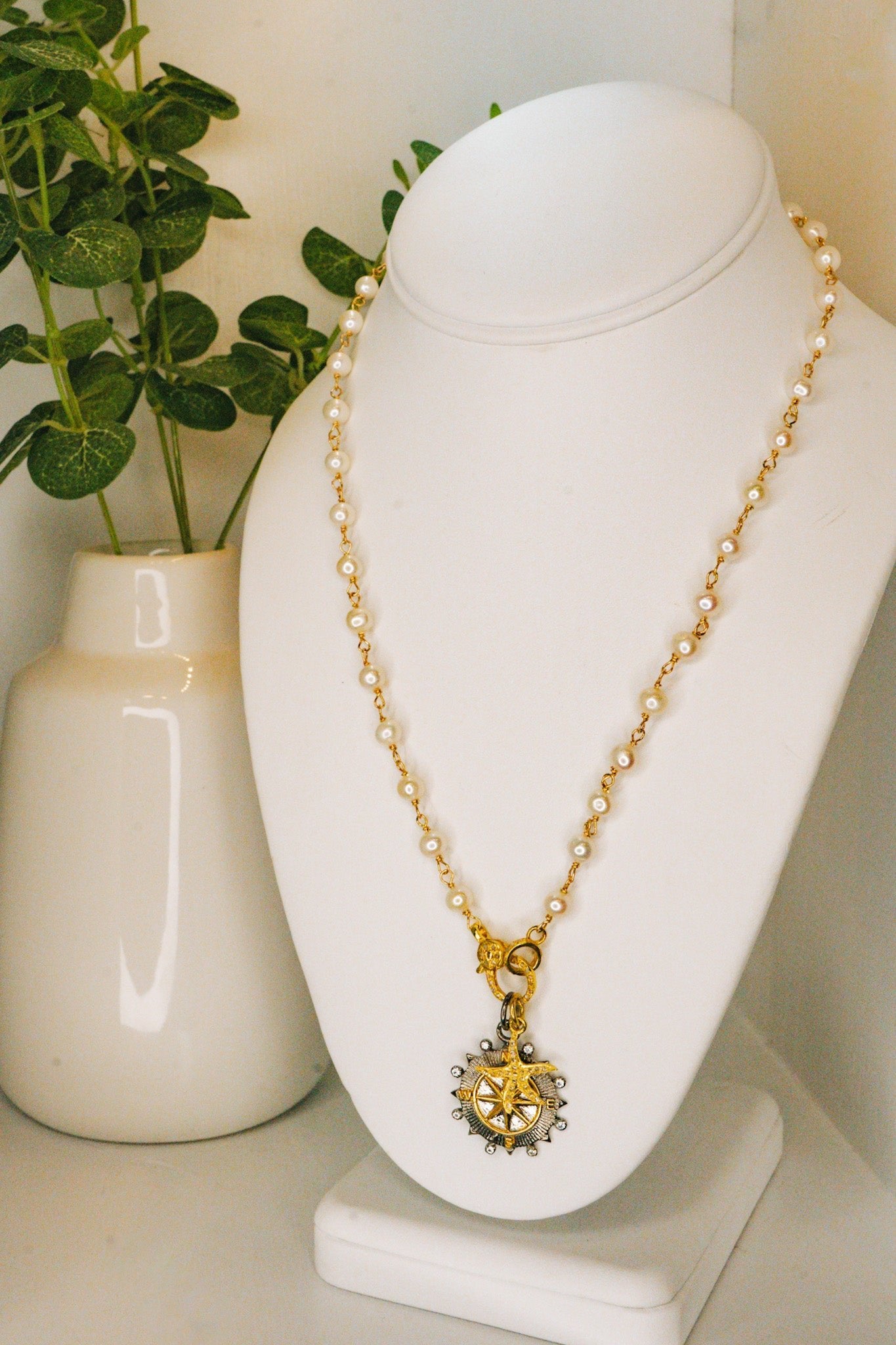 White Freshwater Pearl Necklace w Diamond Compass & StarfishBeth ZinkNecklace