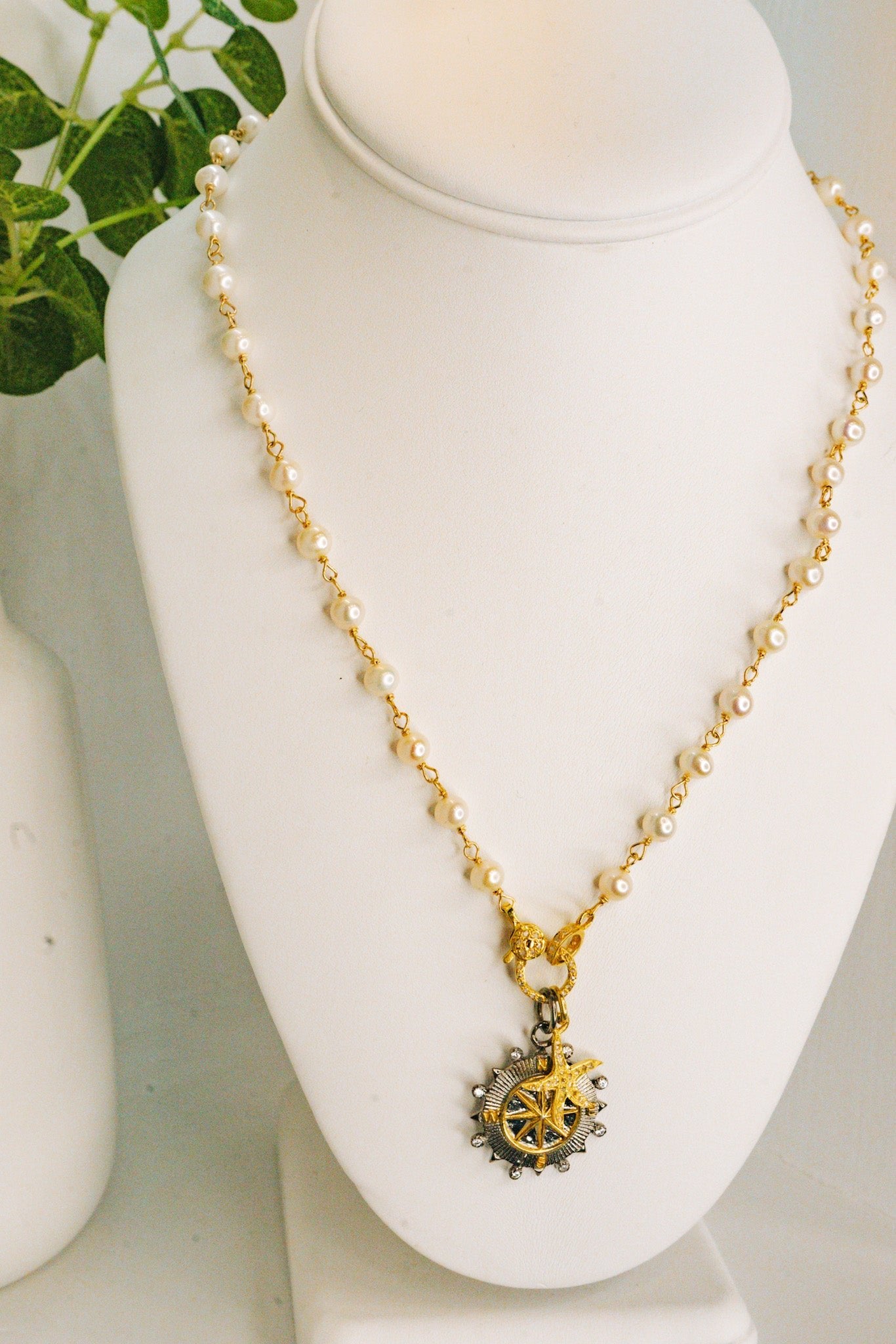 White Freshwater Pearl Necklace w Diamond Compass & StarfishBeth ZinkNecklace