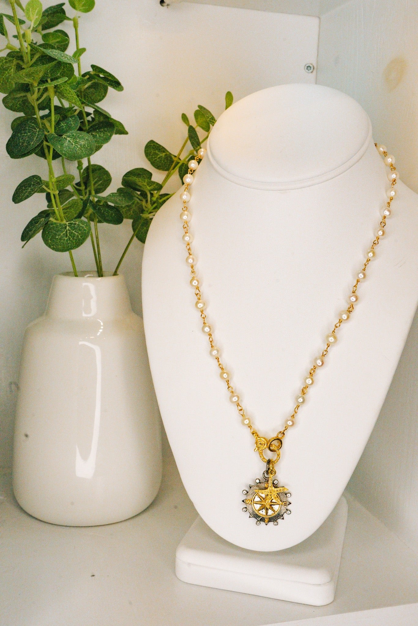 White Freshwater Pearl Necklace w Diamond Compass & StarfishBeth ZinkNecklace