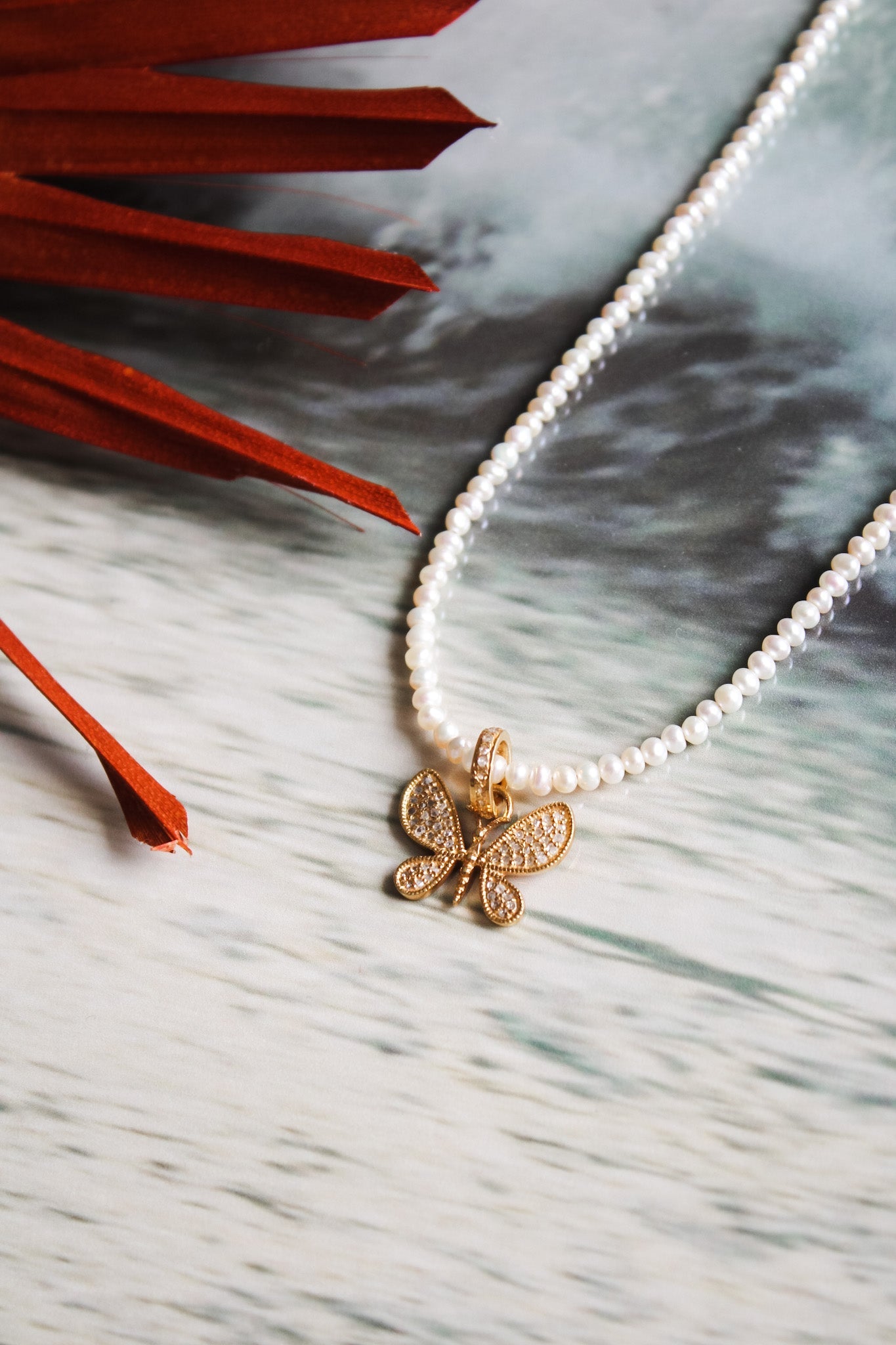 White Seed Pearl Necklace w Pave Diamond ButterflyBeth ZinkNecklace