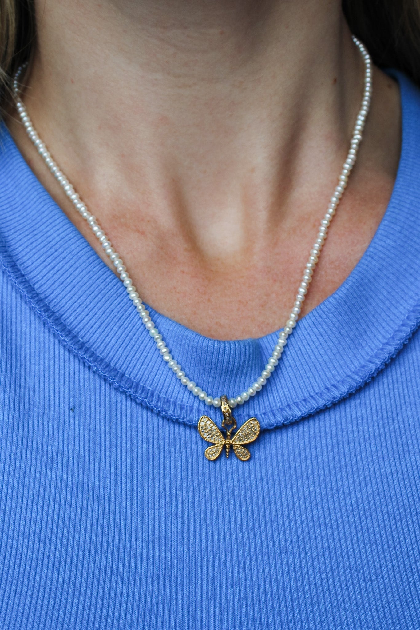White Seed Pearl Necklace w Pave Diamond ButterflyBeth ZinkNecklace