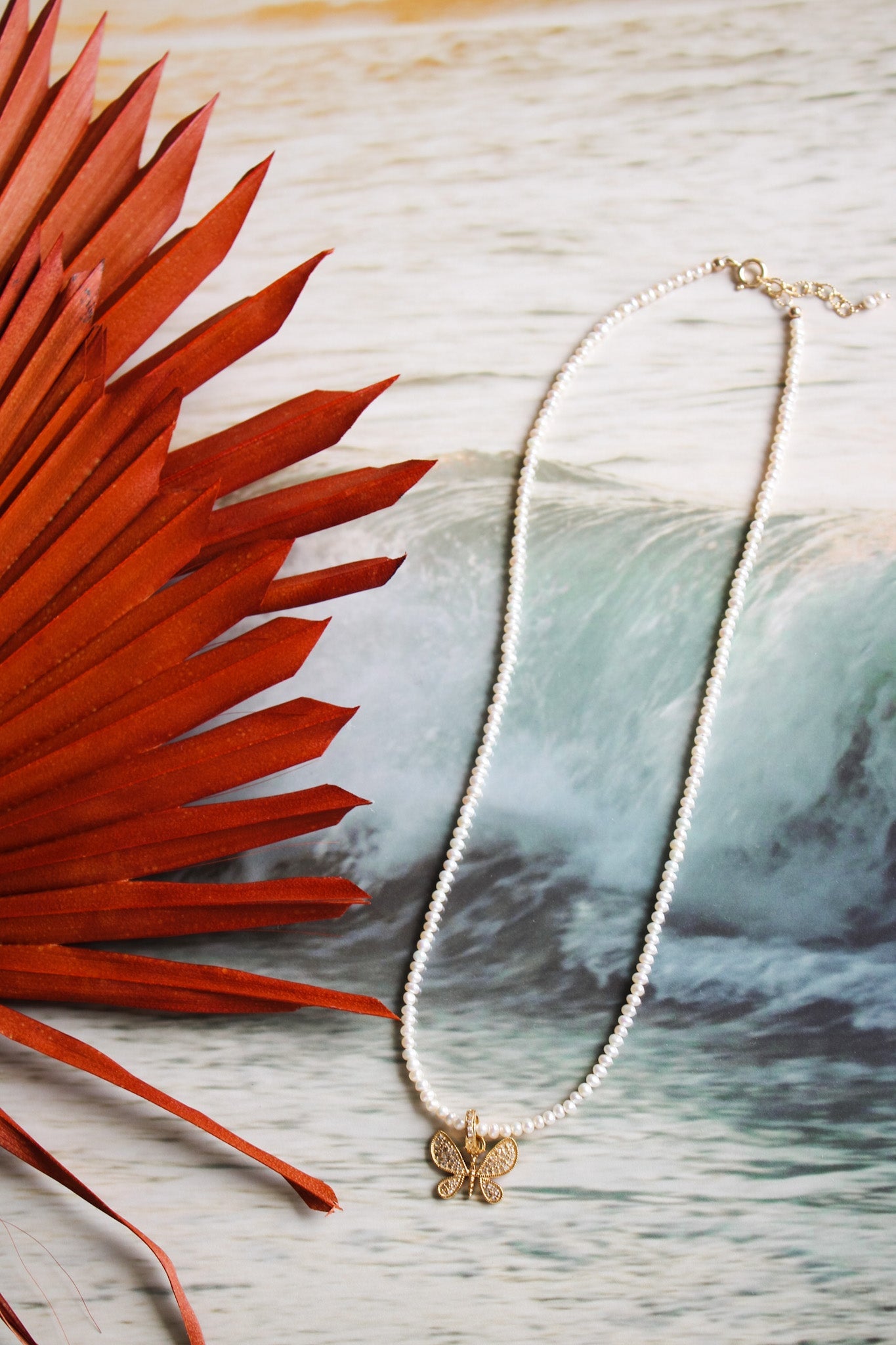 White Seed Pearl Necklace w Pave Diamond ButterflyBeth ZinkNecklace