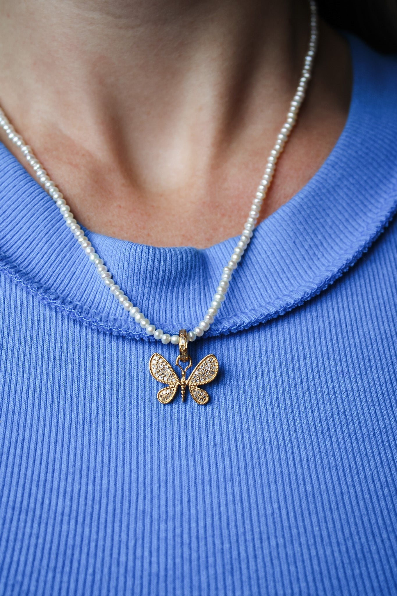 White Seed Pearl Necklace w Pave Diamond ButterflyBeth ZinkNecklace