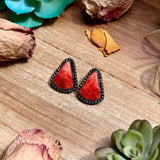 Large Red Spiny Oyster Teardrop Stud Earrings with Beaded Wire