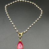 Ruby Pendant with Freshwater Pearls on a Pavè Diamond Clasp