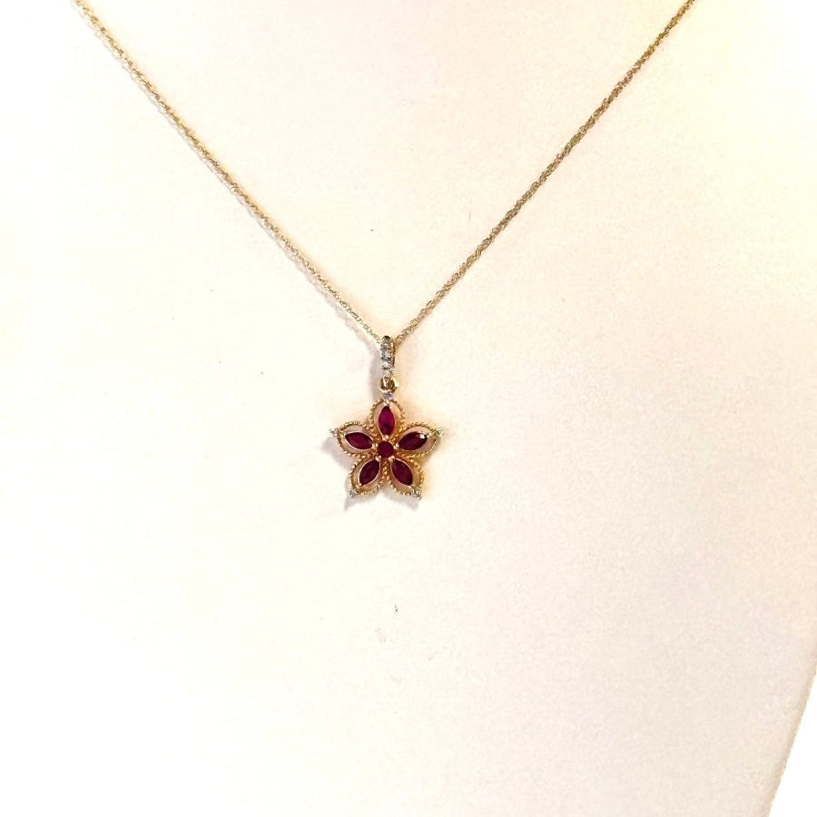 14K Yellow Gold Ruby and Diamond Flower NecklaceZPL - Fine LineNECKLACES