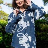 Oversized Top with Ruffle Neck in Denim Dragon Pattern