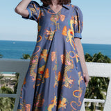Montauk Dress Linen Cotton Blue Dragons Print