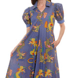 Montauk Dress Linen Cotton Blue Dragons Print