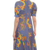 Montauk Dress Linen Cotton Blue Dragons Print
