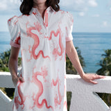 Left Bank Puff Sleeve Cotton Dress in Coral Wht Dragon Print