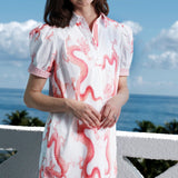 Left Bank Puff Sleeve Cotton Dress in Coral Wht Dragon Print