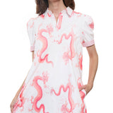 Left Bank Puff Sleeve Cotton Dress in Coral Wht Dragon Print