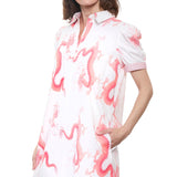 Left Bank Puff Sleeve Cotton Dress in Coral Wht Dragon Print