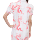 Left Bank Puff Sleeve Cotton Dress in Coral Wht Dragon Print