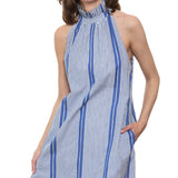 Gulf Coast Halter Dress Blue White Yarndyed Stripe