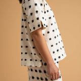 Mare Boxy Cropped Shirt Ikat Squares - Natural Black