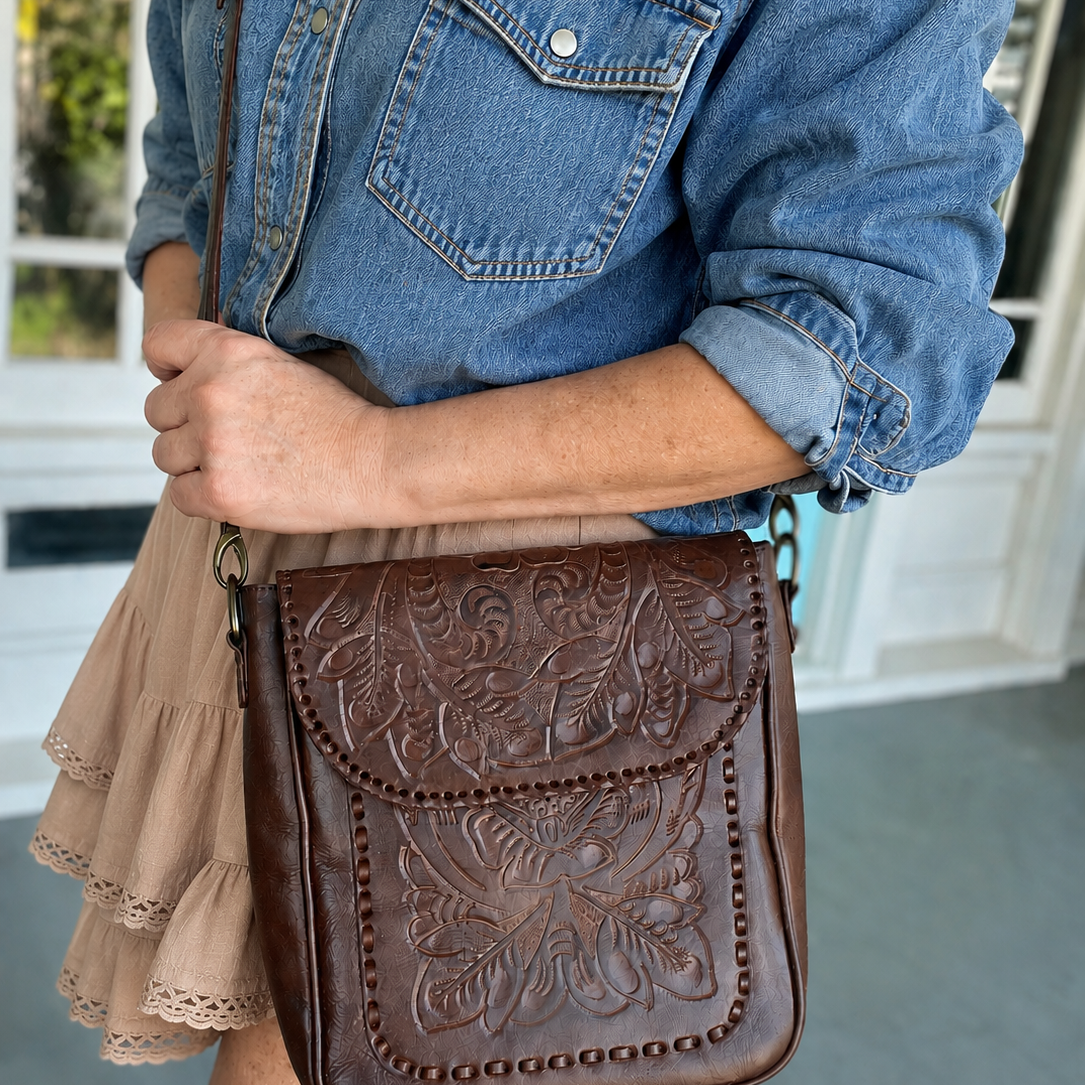 The Kimberly| Hand-Tooled Leather Messenger Bag