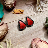 Large Red Spiny Oyster Teardrop Stud Earrings with Beaded Wire