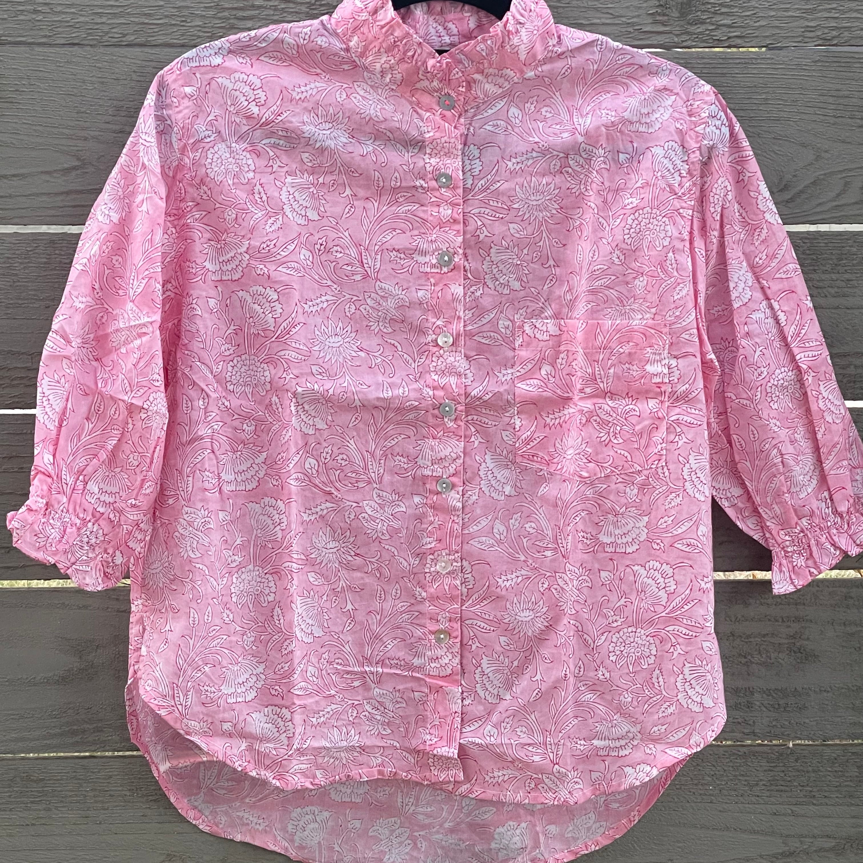 Good Girlfriend Shirt Short Sleeve with Ruffle Trim Floral Escape Tickled Pink/Rose