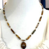 Tiger Eye Oval Pendant With White Topaz And Jasper Tube Short Necklace