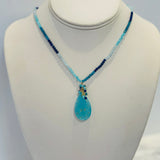 Blue Quartz Pear Carved Pendant With Lapis, Amazonite, Apatite And Aquamarine Rondelles Short Necklace