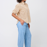 Good Girlfriend Shirt with Ruffle Trim Menswear Stripe Mocha