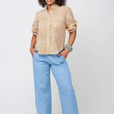 Good Girlfriend Shirt with Ruffle Trim Menswear Stripe Mocha